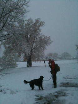 hiking in the snow with my dog