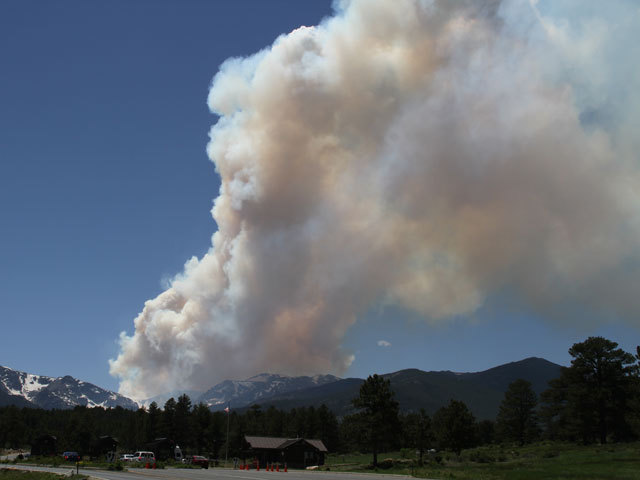 smoke rises from the Big Meadows fire in Rocky Mountain National Park